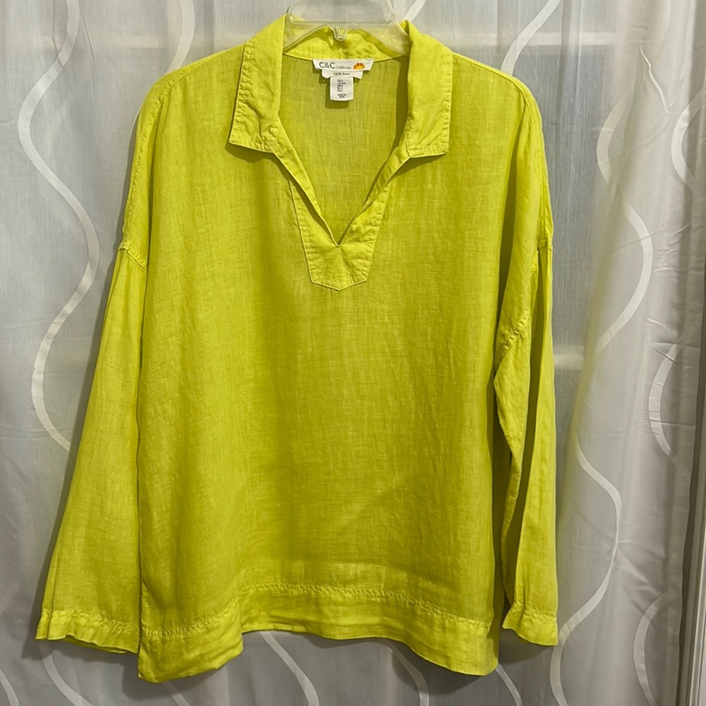 C&C California, Yellow, 100% Linen, V Neck, Long Sleeve Top, Size Large